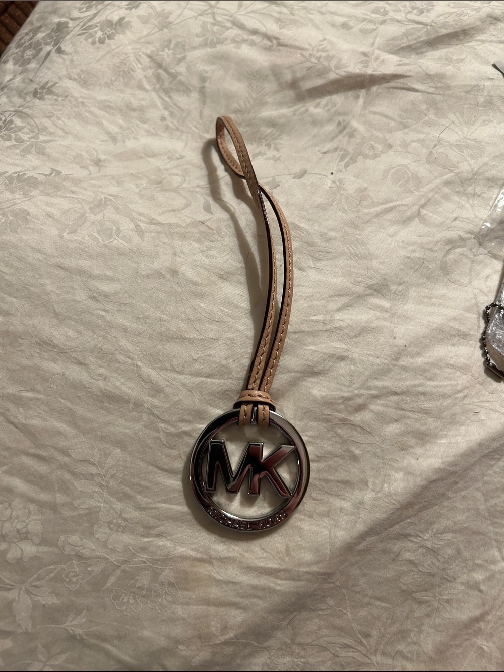 Michael Kors Neutral Tan Leather Wristlet Charm with Silver MK Pendant